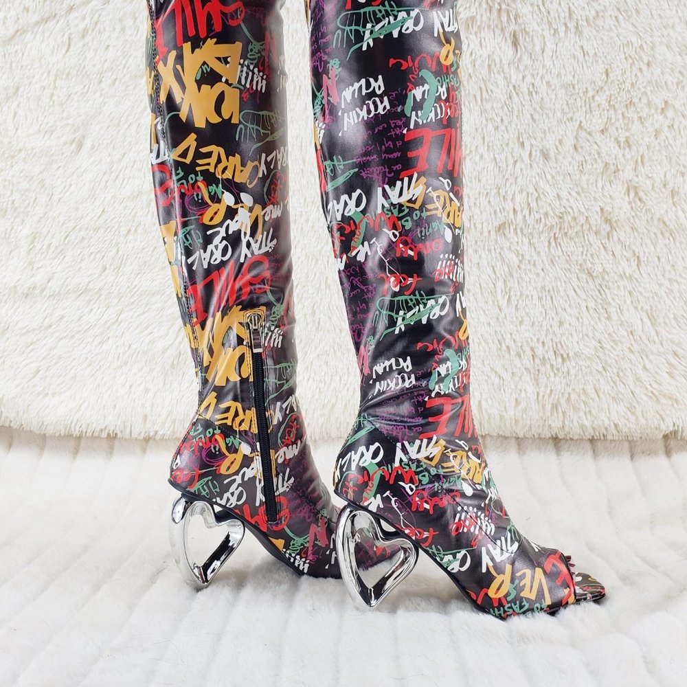 Zen Love Colorful Graffiti Print Over The Knee Boots With Wedge Heart heels - Picture 10 of 16
